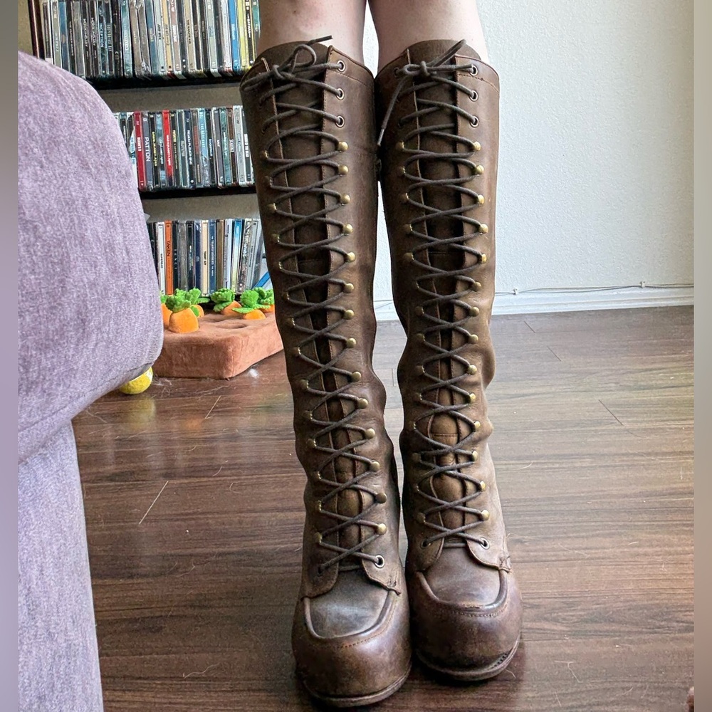 Jeffrey Campbell Tan Distressed Lace-up Tall Womens Boots Size 9.5